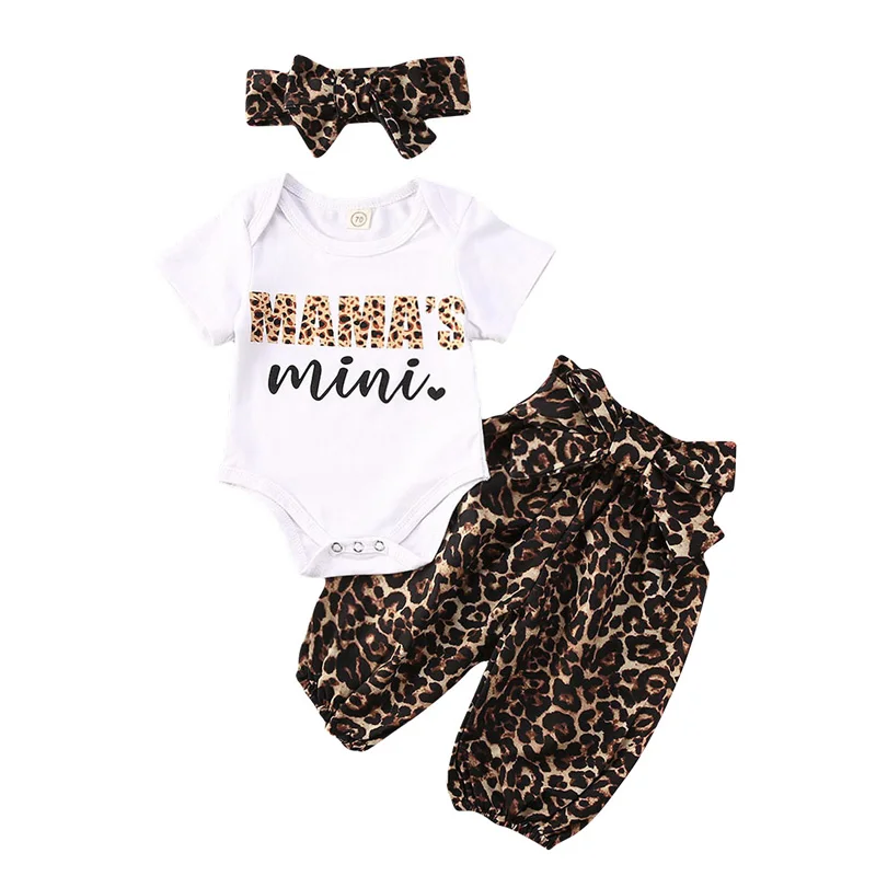 

Pudcoco 3Pcs 0-18M Baby Girls Summer Clothing Infant Newborn Letter Bodysuits Leopard Pants Headdress Set Outfits Streetwear