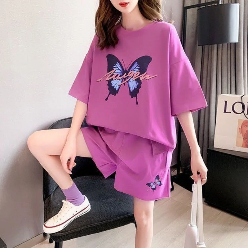 

Ladies Suit Summer New Korean Version Loose Round Neck Short Sleeve T-shirt Casual Two Piece Sets Womens Outifits Shorts Suit