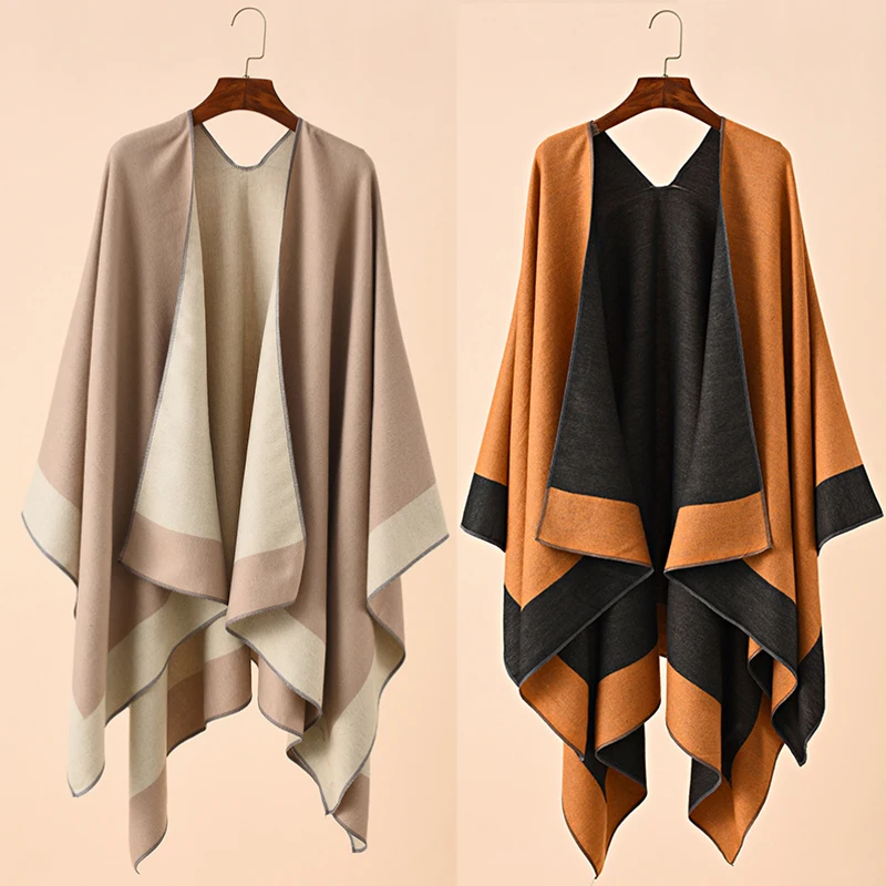 

Women Winter Faux Cashmere Shawl Thickened Ponchos Knitted Long Fashion Warm Wraps Elegant Batwing Cardigan Cape Top Coat