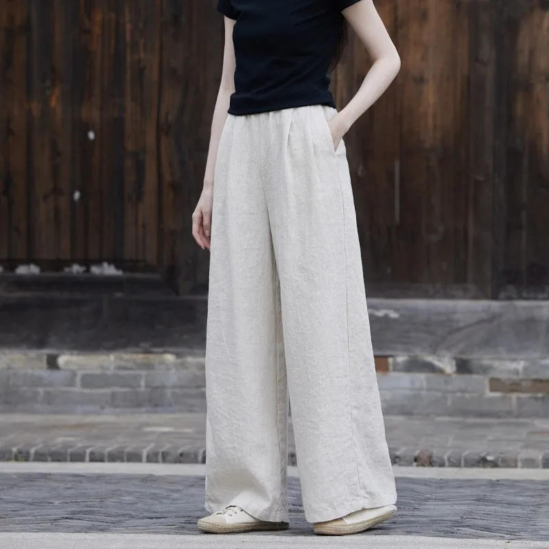 Женские хлопковые и льняные широкие брюки Новое поступление 2024 винтажный стиль