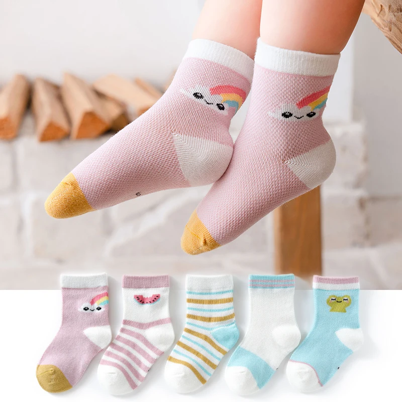 

5 Pairs/lot Spring Summer Kids Boys Girls Mid Socks Children Cotton Mesh Socks Cartoon Stripe Sports Socks 0-12 Yrs Accessories