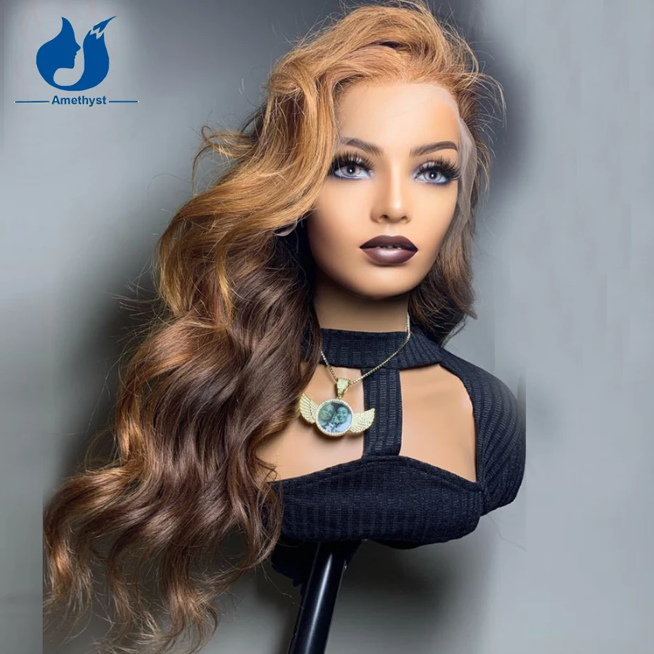 

Amethyst Blonde Ombre Natural Wave Lace Front Human Hair Wigs T Part Lace Wigs 13x6x1 Remy Hair Glueless Preplucked For Women