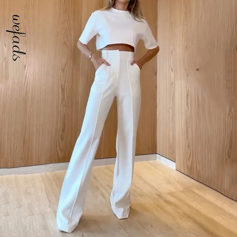 

Wefads Woen Two Piece Set Suer Fashion Round Neck Short Sleeve Solid Top Loose With Pockets Pants Sets High Streetwear