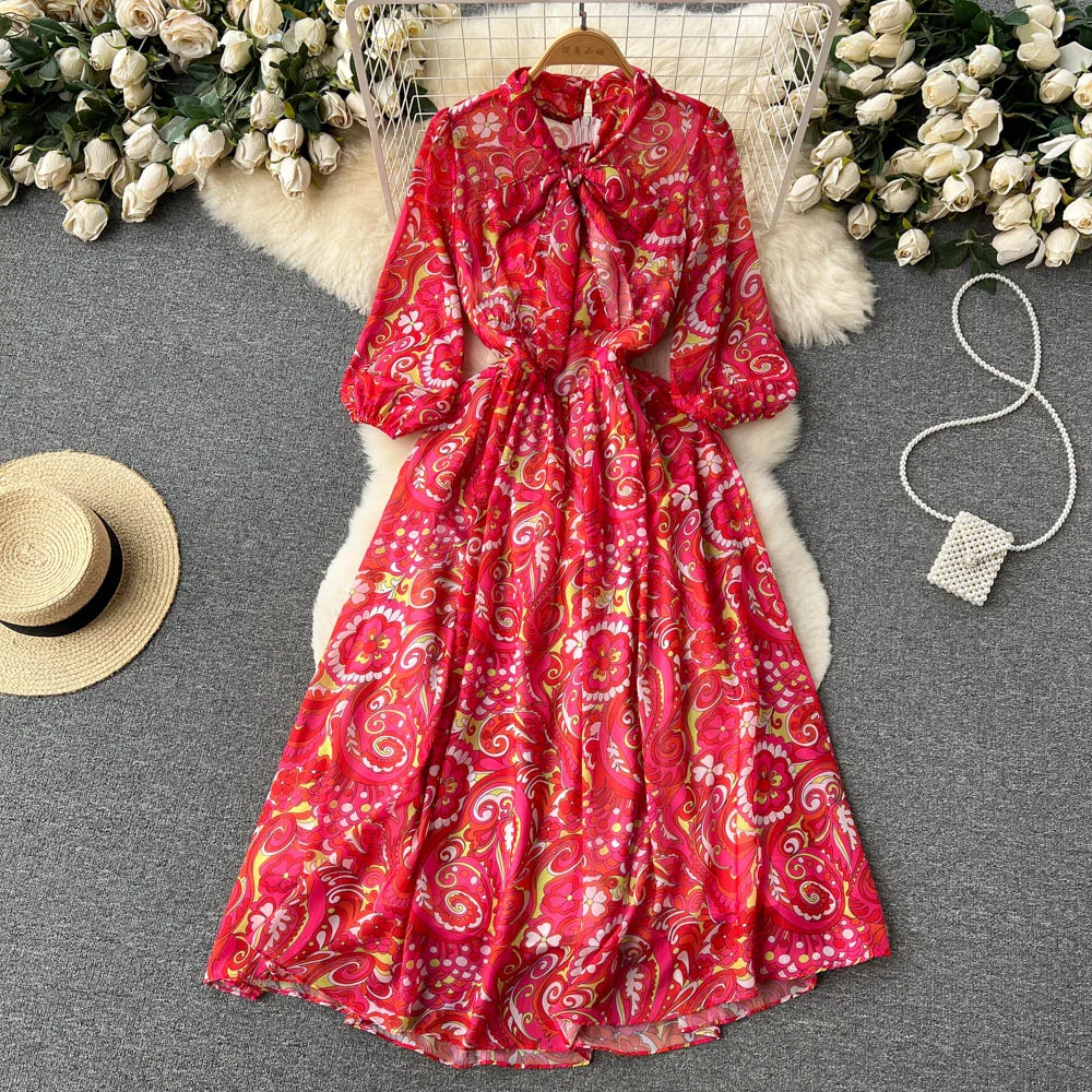 

Red Print Dress Women's Spring Summer New Fashion Bow Lace-up Neck Elegant Clothes Vestidos De Verano Mujer J129