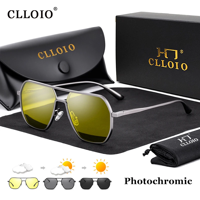 CLLOIO Anti glare Day Night Vision Glasses Men Women Polarized Driving Sun Glasses Square Aluminum Photochromic
