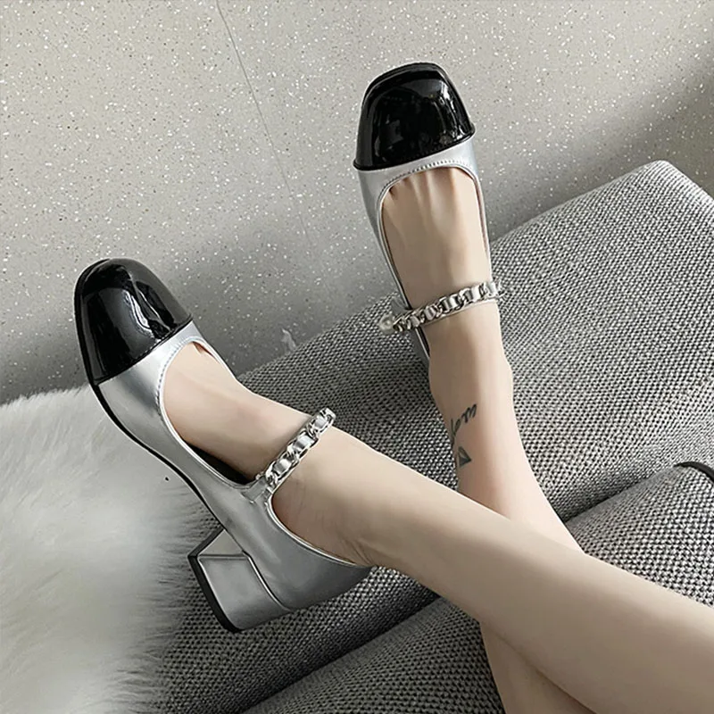 

New Women's Pumps Fashion Square Toe Shallow Block Heels Mary Jane Daily Casual Single Shoes Comfortable Mid Heels Leather Shoes