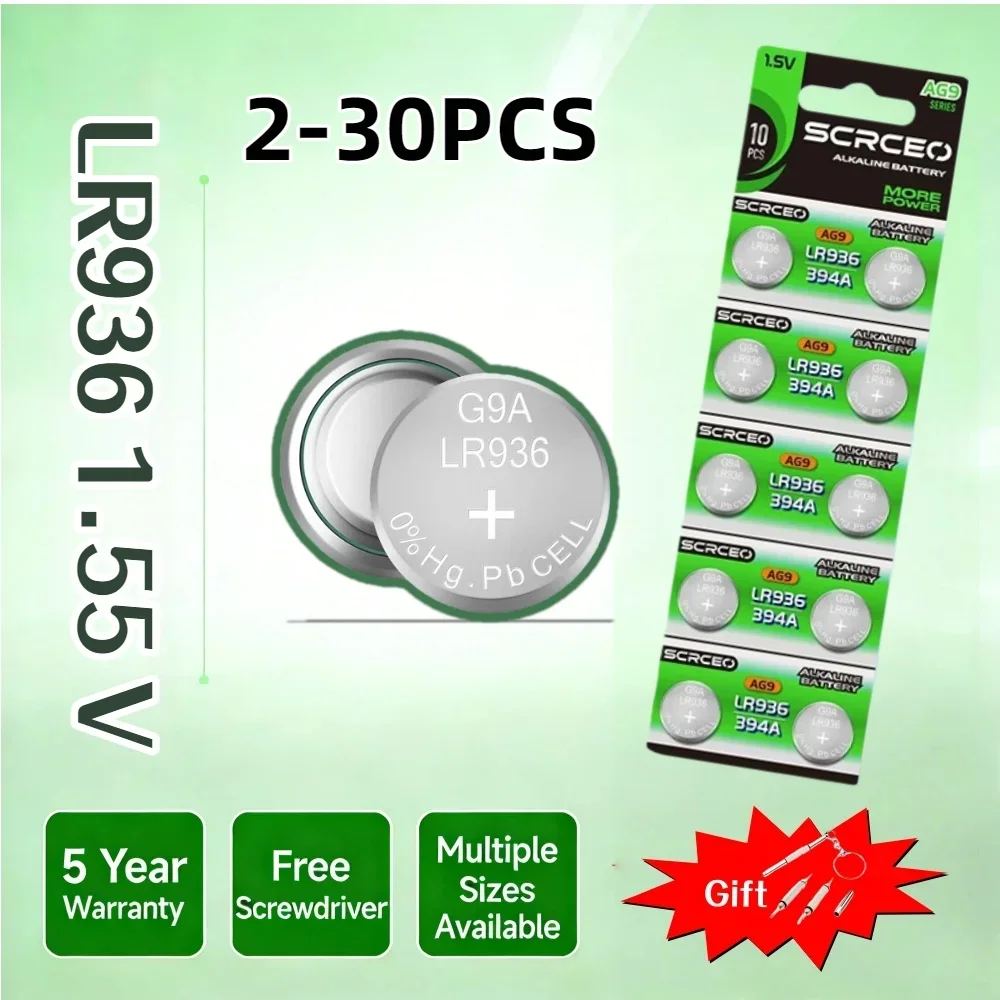 Фото Батарейка-таблетка 1.55V 2-30 шт. AG9 56мАч LR936 394 SR936SW CX194 LR45 G9A 194 394A SR936 L936F для часов, игрушек, пультов ДУ №2