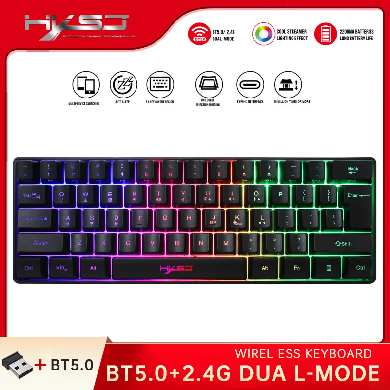 

HXSJ Gaming Keyboard 61 Keys RGB Backlit 60% 60 Business Keyboard US Wired Wireless Bluetooth Mini Compact PC Gamer MAC PS4