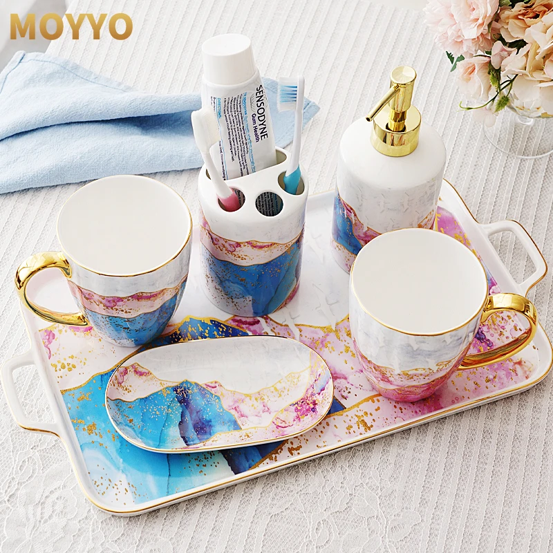 

Bathroom Accessories Set Ceramic Soap Dispensers Toothbrush Holder Gargle Cups With Tray Trash Can Tissue Box Wedding Gifts