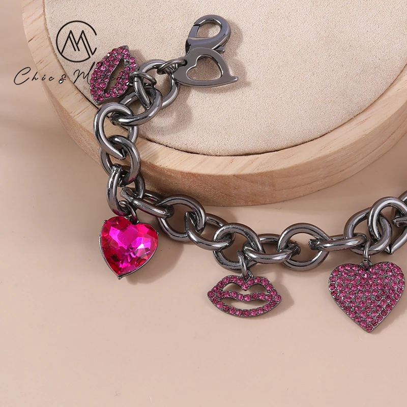 

Chic Matchy Heart Lips Charms Bracelet Fuchsia Crystal Stone Chain Bracelet Black Hematite Plated Bangle Chain Tessel Jewelry