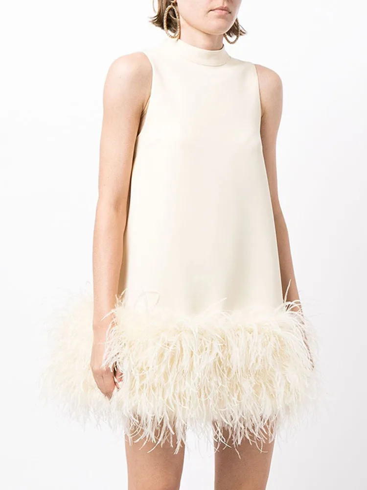 

HIGH STREET Newest 2023 Fashion Stylish Designer Women's Half High Collar Sleeveless Ostrich Hair Splicing Straight Dress