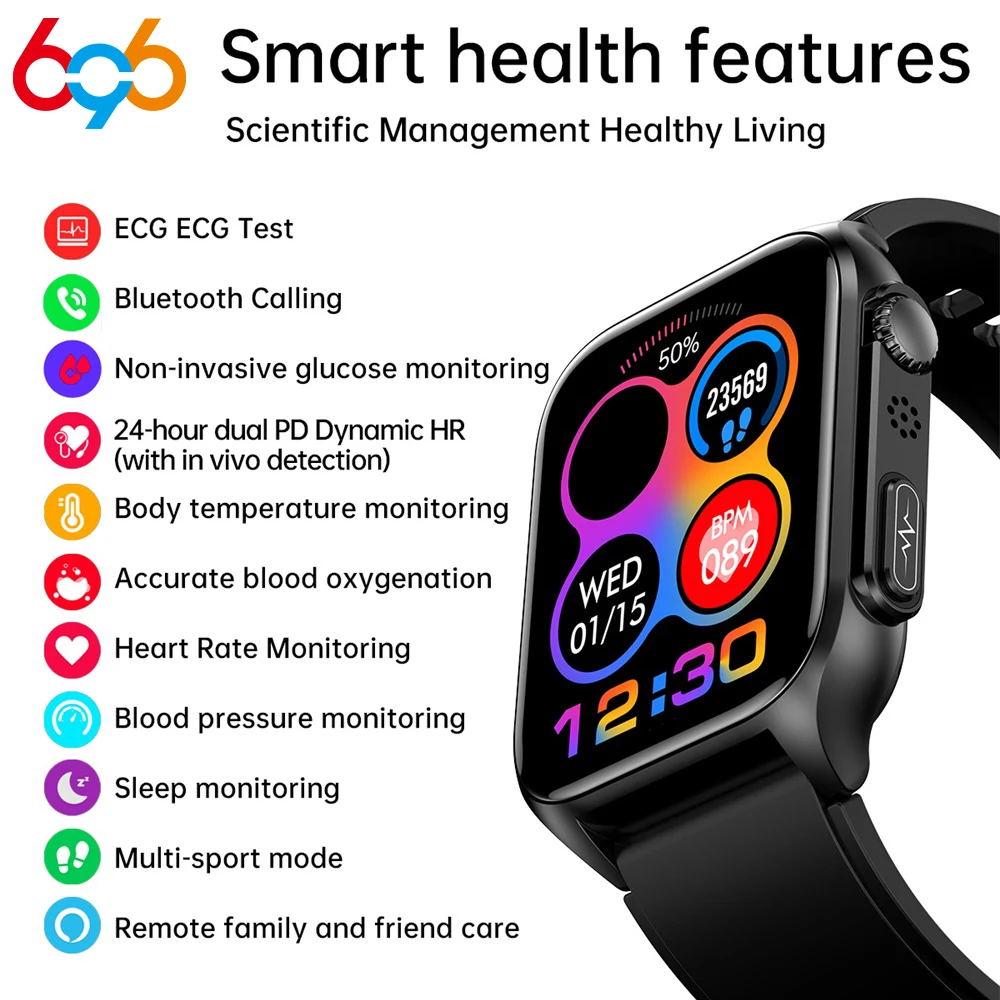 

2023 New Men 1.96" Blue Tooth Call ECG PPG Smart Watch Noninvasive BLood Glucose Heart Rate Blood Pressure Women Smart Watch