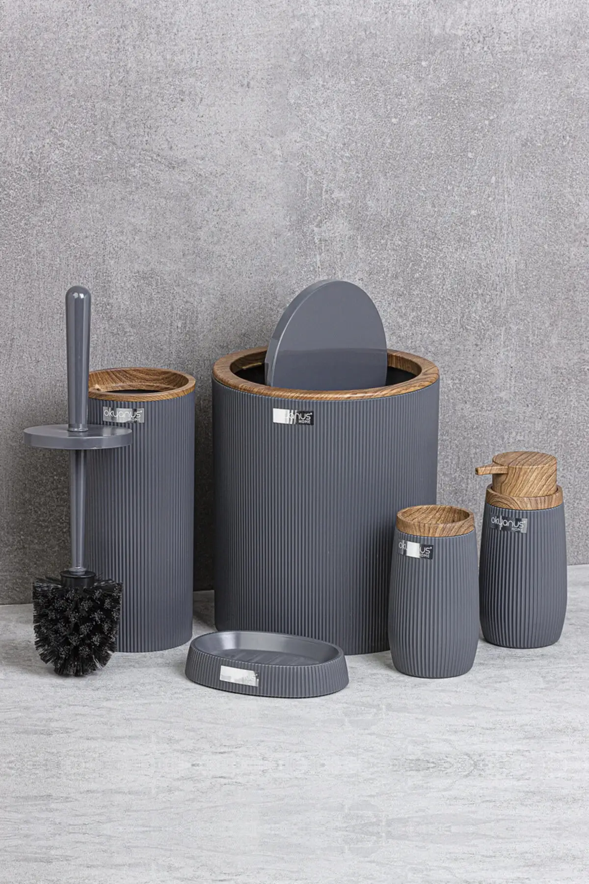 

Wooden Striped Round 5'li Bathroom Set Toothbrush Holder Luxury Homeware Sabbunluk Toilet Brush Storage Box Dowry