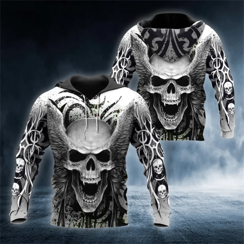 

European and American men spring and autumn classic cool skull 3D digital print hoodie street trend hoodie men