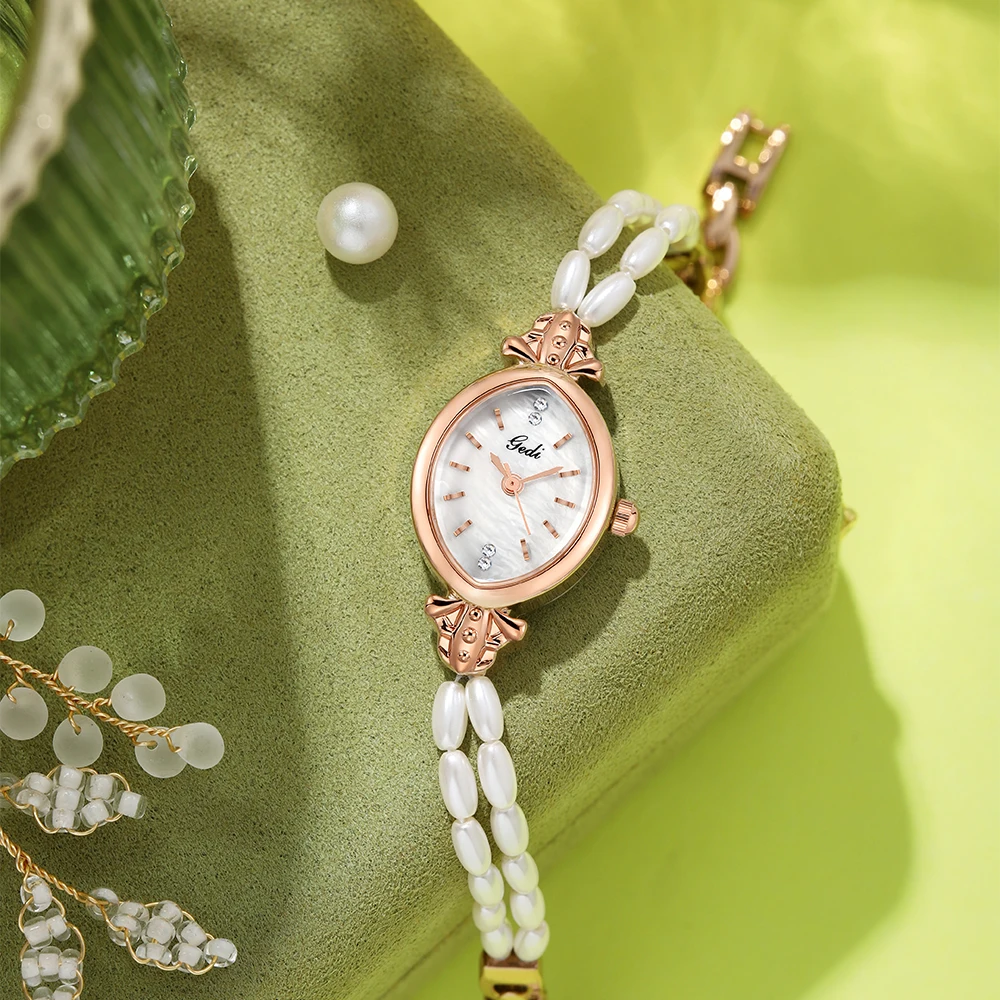 GEDI Роскошные женские часы-браслет овальной формы элегантный жемчужный ремешок