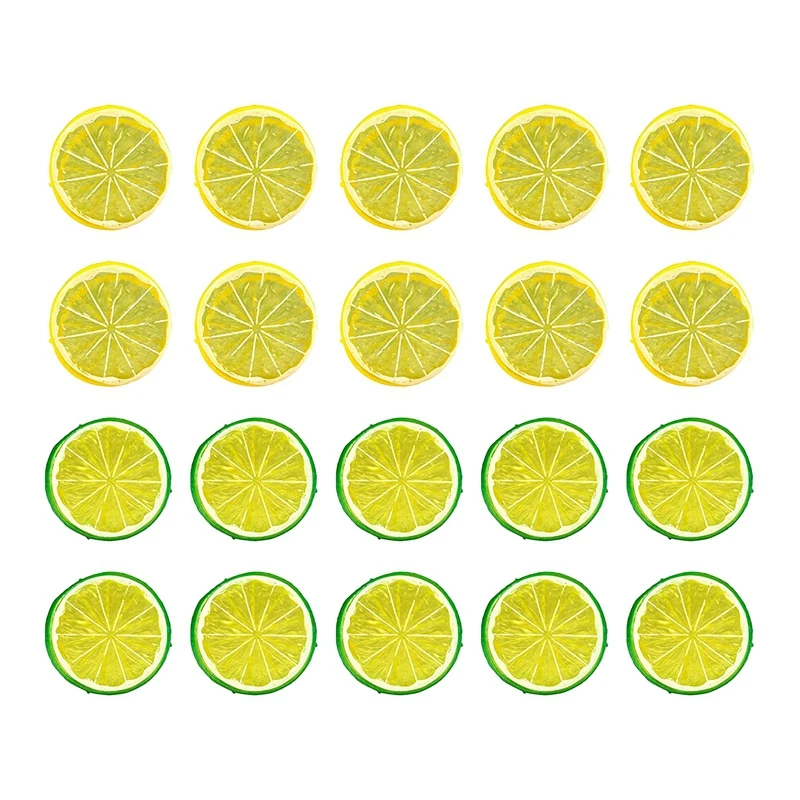 

Искусственные ломтики лимона, 20 шт., 2 дюйма, имитация искусственных фруктов, свадебное украшение, праздничный декор, реквизит для фотосъемк...