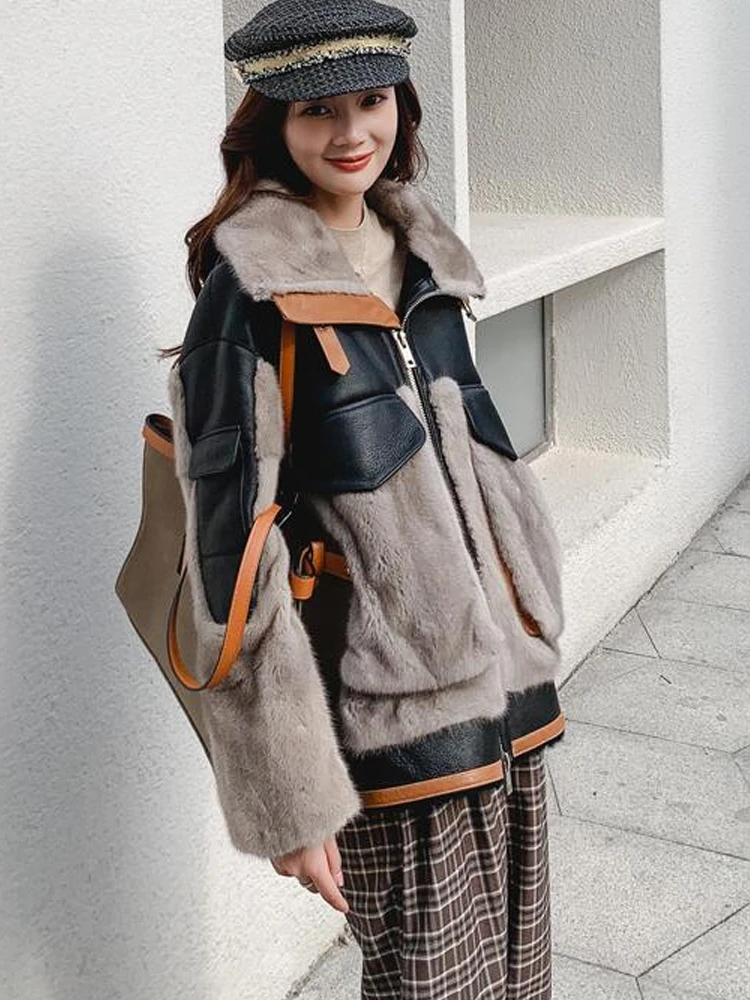 Mink Fur Stitching Fur Coat Women's Short Winter New Whole Mink Fur Motorcycle Wool Overcoat