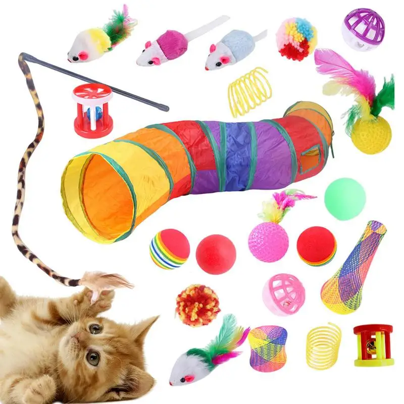 

Набор игрушек для кошек, 22 шт., игрушки для кошек, игрушки для котят, ассорти, набор игрушек для кошек, включая складной туннель для кошек, палатка, перо для кошек