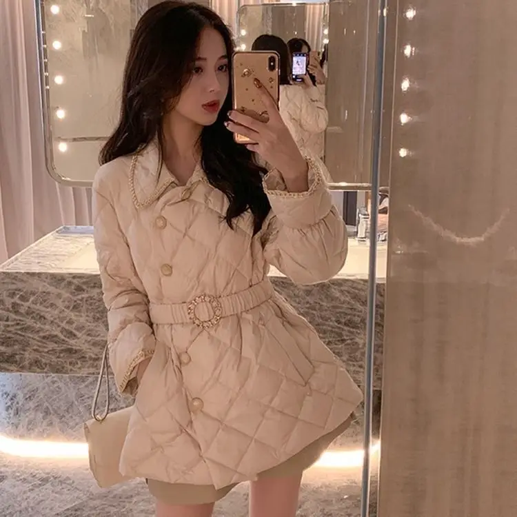 Korean Fashion Jacket Winter 2023 Thick Cotton Padded Parkas New Women Elegant Pearl Button Coats Ladies Female Elastic Waist