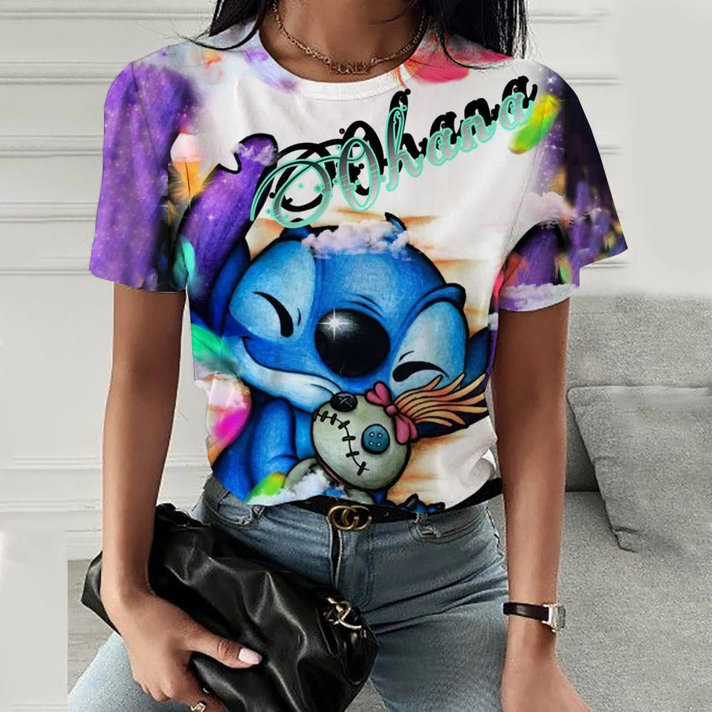 Kawaii Lilo Stitch Print T-shirts Tops for Women Lady Summer Children Casual O-neck Ohana Disney