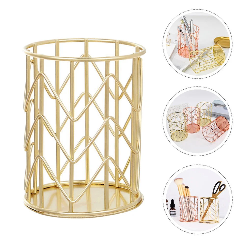 

Makeup Brush Jar Wrought Iron Storage Tube Gold Pen Holder Multipurpose Desktop Organizer Stationery