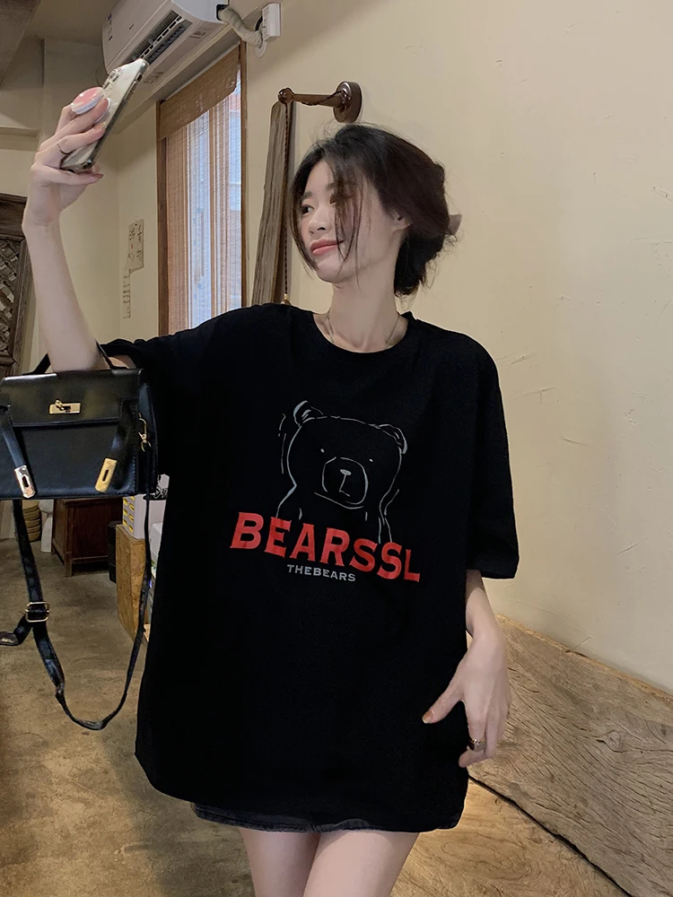 

Slouchy Style Cotton Bear Cartoon T-shirt 2023 Summer New Loose Casual Short Sleeves Crewneck Top Women T-shirt Ins Tees