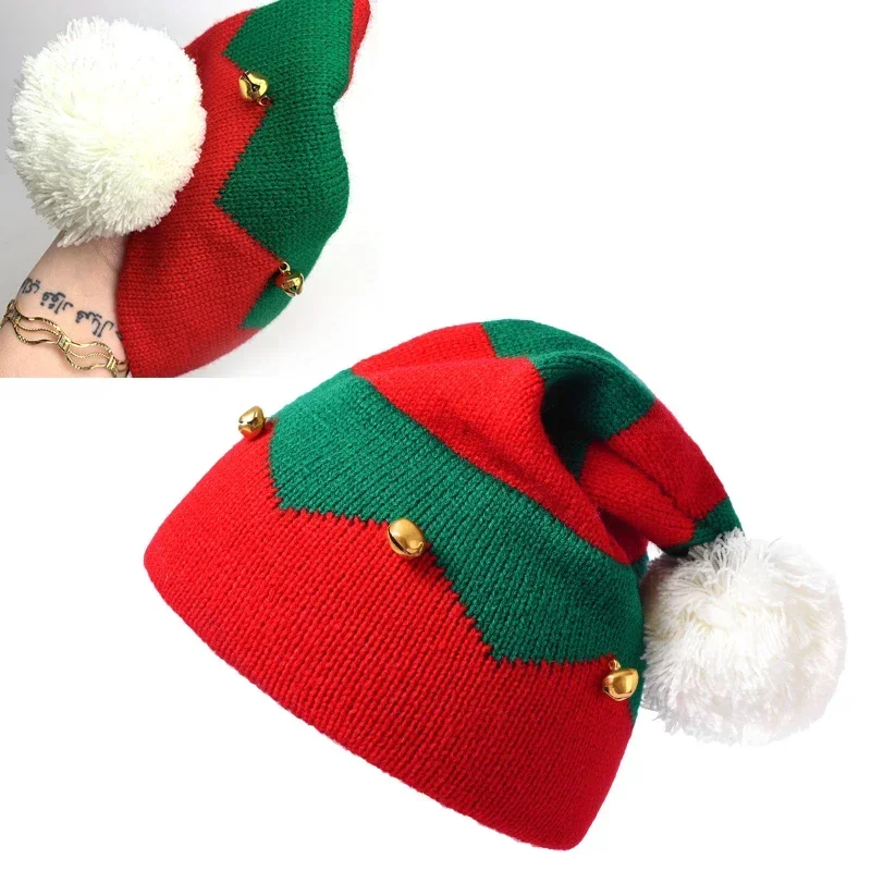 

Toddler Kids Christmas Knitted Elf Hat with Small Bells Contrast Color Wavy Stripes Crochet Pompom Christmas Warm Knitted Hat