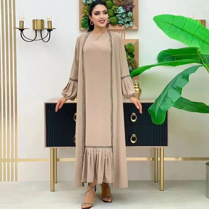 New Middle East Muslim Dress Set Long Sleeves Muslim Coat Sequins Patchwork Cardigan and Dress Pleats Bottom Party Gowns