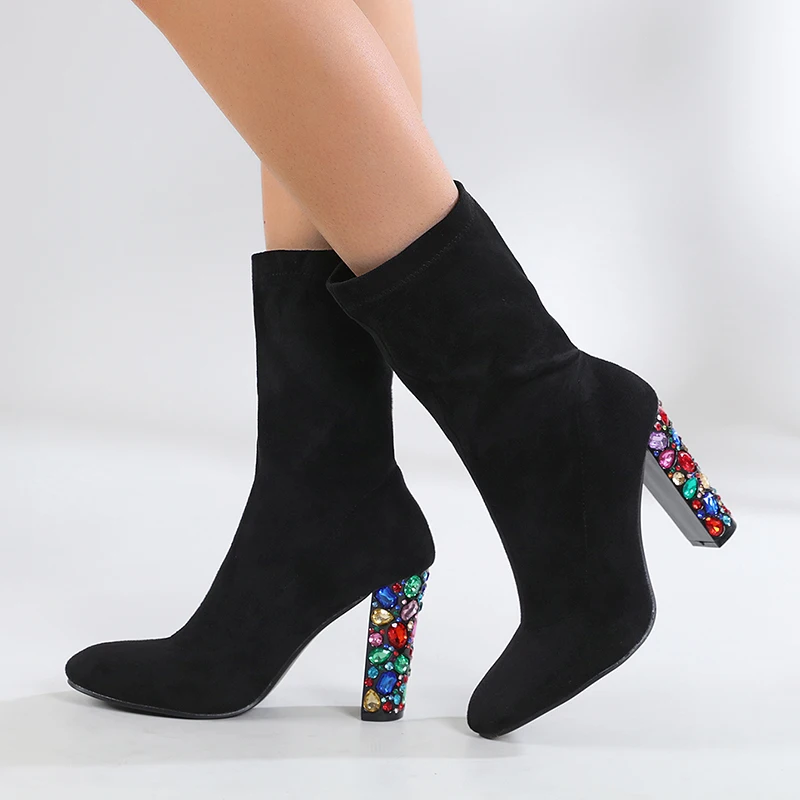 

Winter Pointed Suede Sequins Thick High Heels Women's Boots Shoes For Women Ankle Boots Black Martin Botas Mujer Invierno 2022