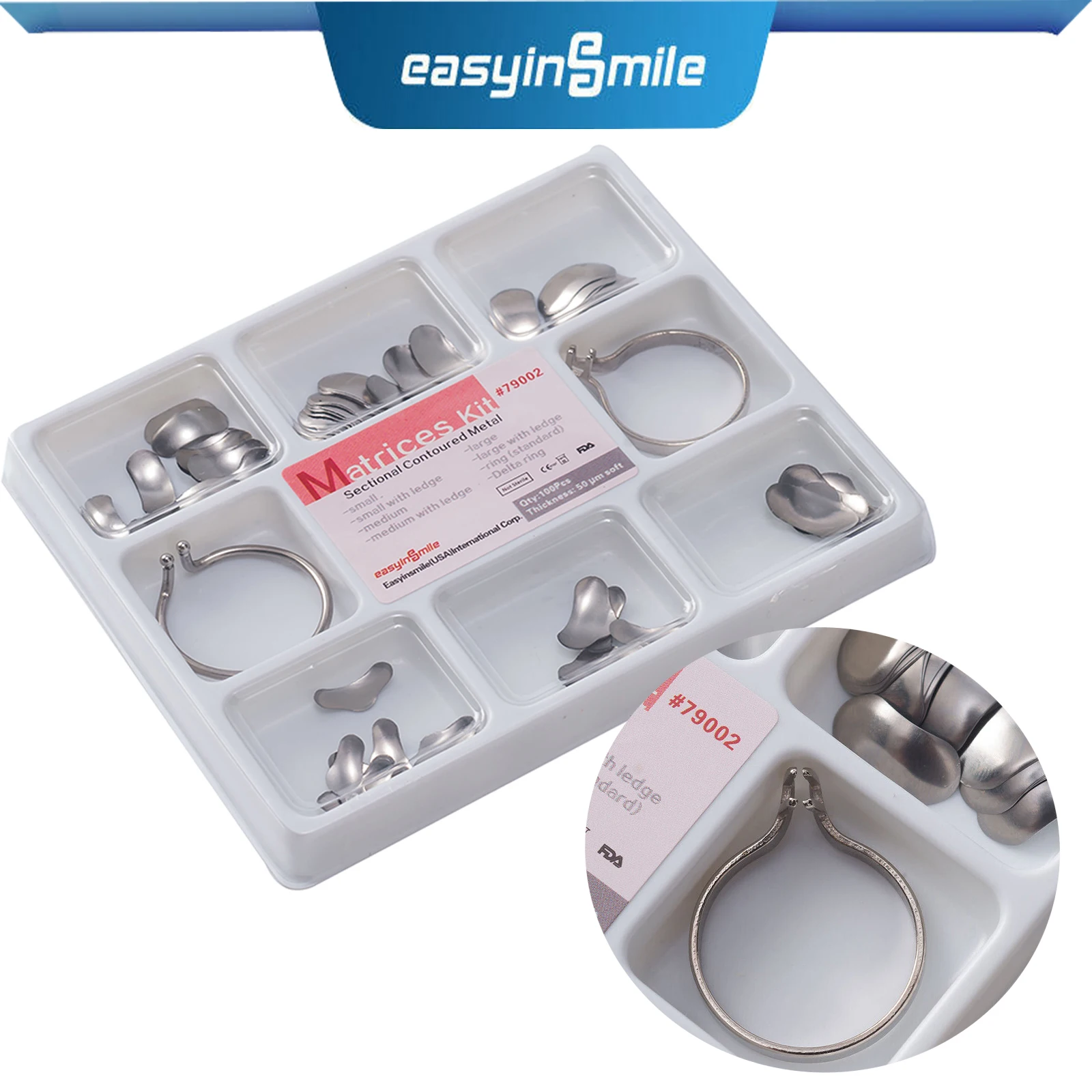 

100pcs/Pack Dental Matrices Kit Metal Matrix System Sectional Contoured 50 μm & 2 Ring Delta