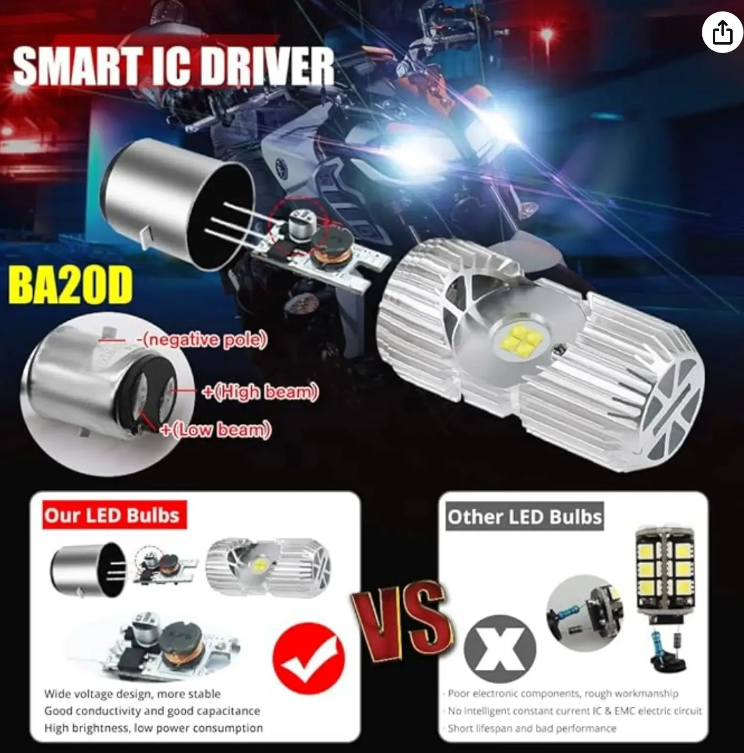 Фото Светодиодная лампа для мотоцикла H4 BA20D, 12-85В, 8xCSP LED чипов, белый свет, ближний/дальний свет, комплект для мотоциклов и автомобилей. №3