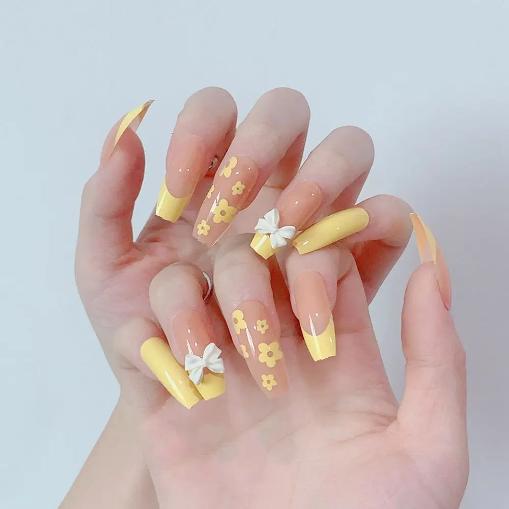 

2022 Spring Flower False Nails Press On Nails Fashion Ballerina Wearable Fake Nails with Bow Design Full Cover Coffin Nail Tips
