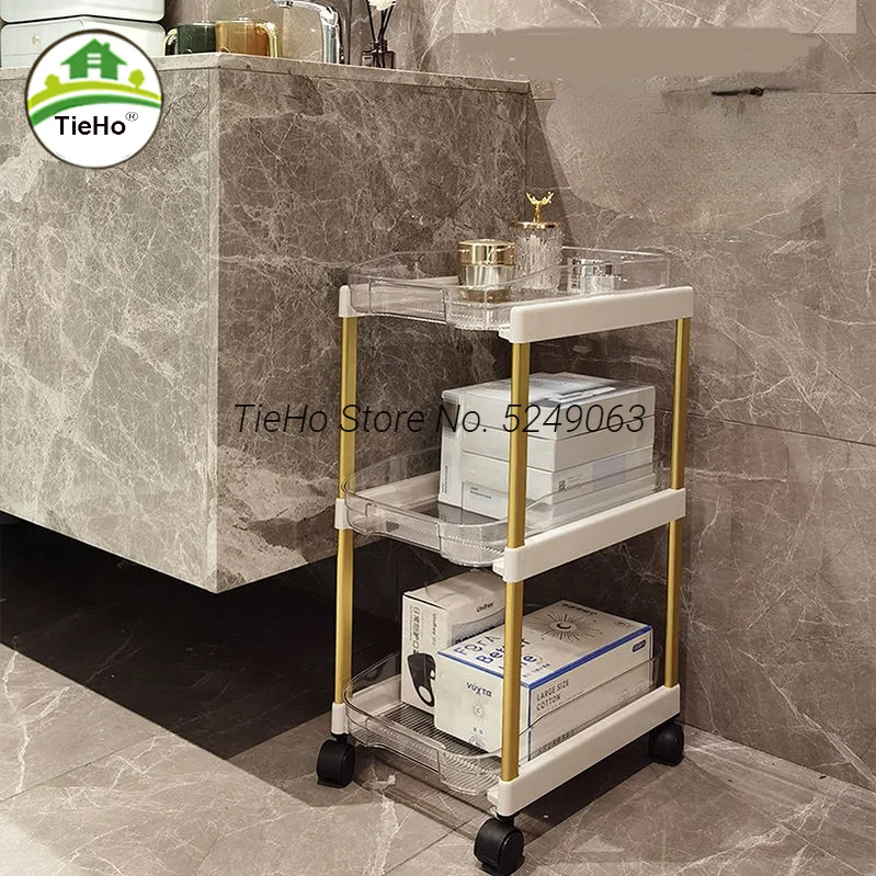 

Storage Trolley Shelf 3/4 Tiers Carts Drawer-type Adjustable Commodity Rolling Shelves Home Bathroom Kitchen Accessories White