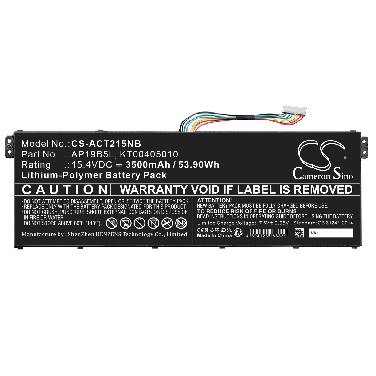 Аккумулятор Cameron Sino 3500 мАч для Acer AP19B5L KT00405010 TravelMate P2 TMP215-41-R74Q O Enduro Urban N3 EUN314-51W-56W0