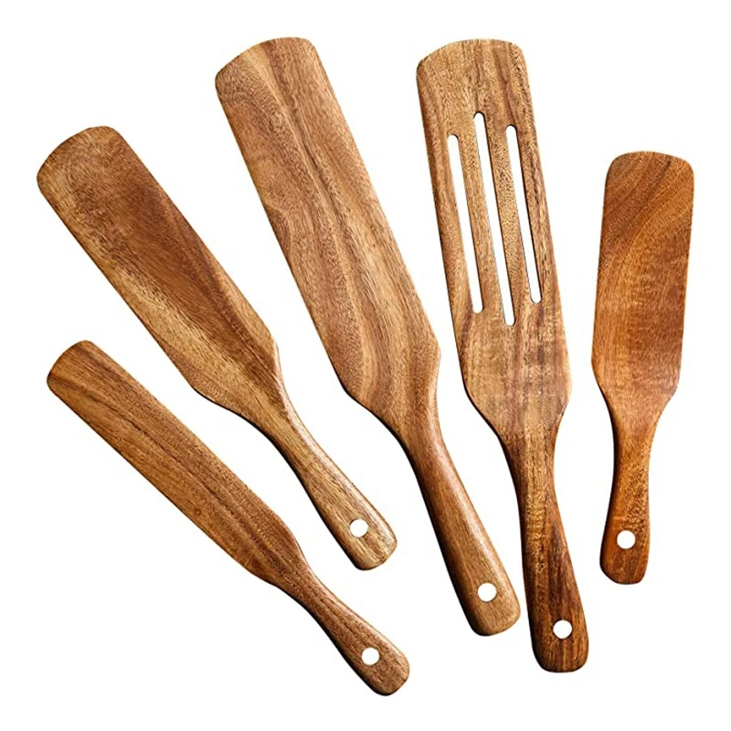 

HOT-Wooden Spurtles Set (5Pcs) - Teak Wood Kitchen Tools Set - Heat Resistant Non Stick Wood Cookware For Stirring & Mixing