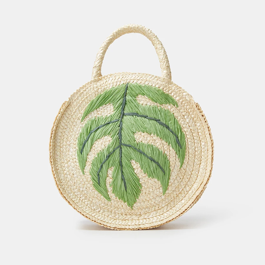 

Bag Luxury Women 2023 Embroidered Coconut Tree Round Straw Tote Bag Casual Women Handbag Handmade Woven Summer Beach Bag Purse