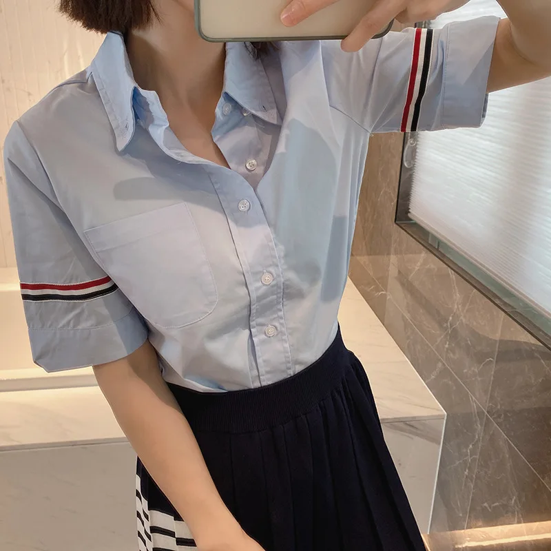 

High Quality Korean Fashion TB Four Bar Summer New Stripe Contrast Sleeve Panels White Shirt Preppy Short Sleeve Shirt Women