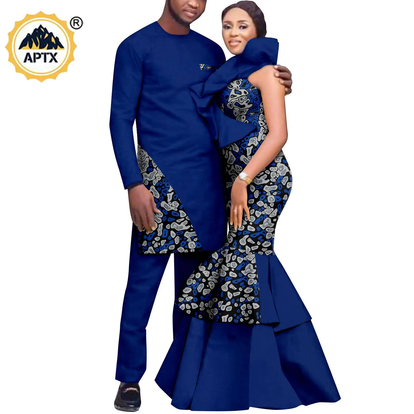 African Print Mermaid Long Dresses for Women Matching Couple Outfits Bazin Riche Men Kaftan Top and Pant Sets Vestidos Y23C077