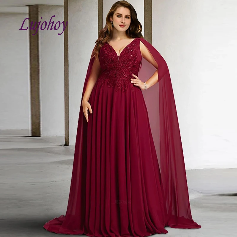 

Burgundy Lace Mother of the Bride Dresses With Cape Jacket Plus Size for Weddings Godmother Formal Evening Groom Dinner Gown