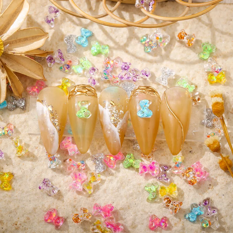 

50pcs Manicure bear sequins color 6*7mm Mini cartoon cute resin mixed color flat bottom transparent nail stickers