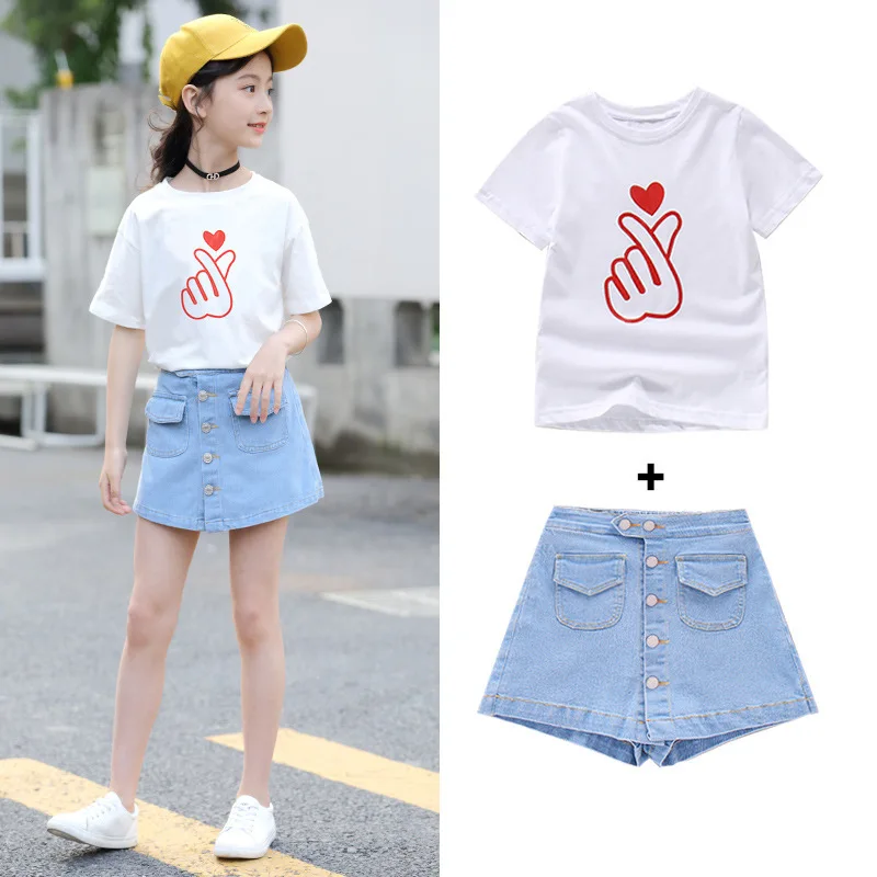 

Girls Clothes Summer Denim Shorts Short Sleeve Suits Kids Fashion Culottes Summer Clothes Baby Blue Denim Short Skirts T-Shirts