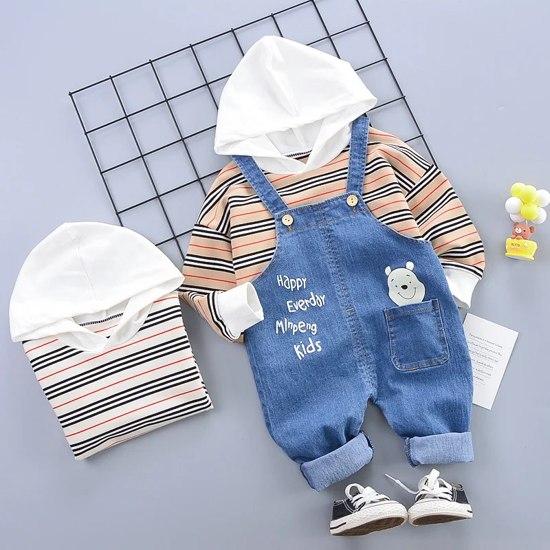 

2022 spring and autumn children's Denim suspender suit boy's Baby Hooded long sleeved sweater two-piece set