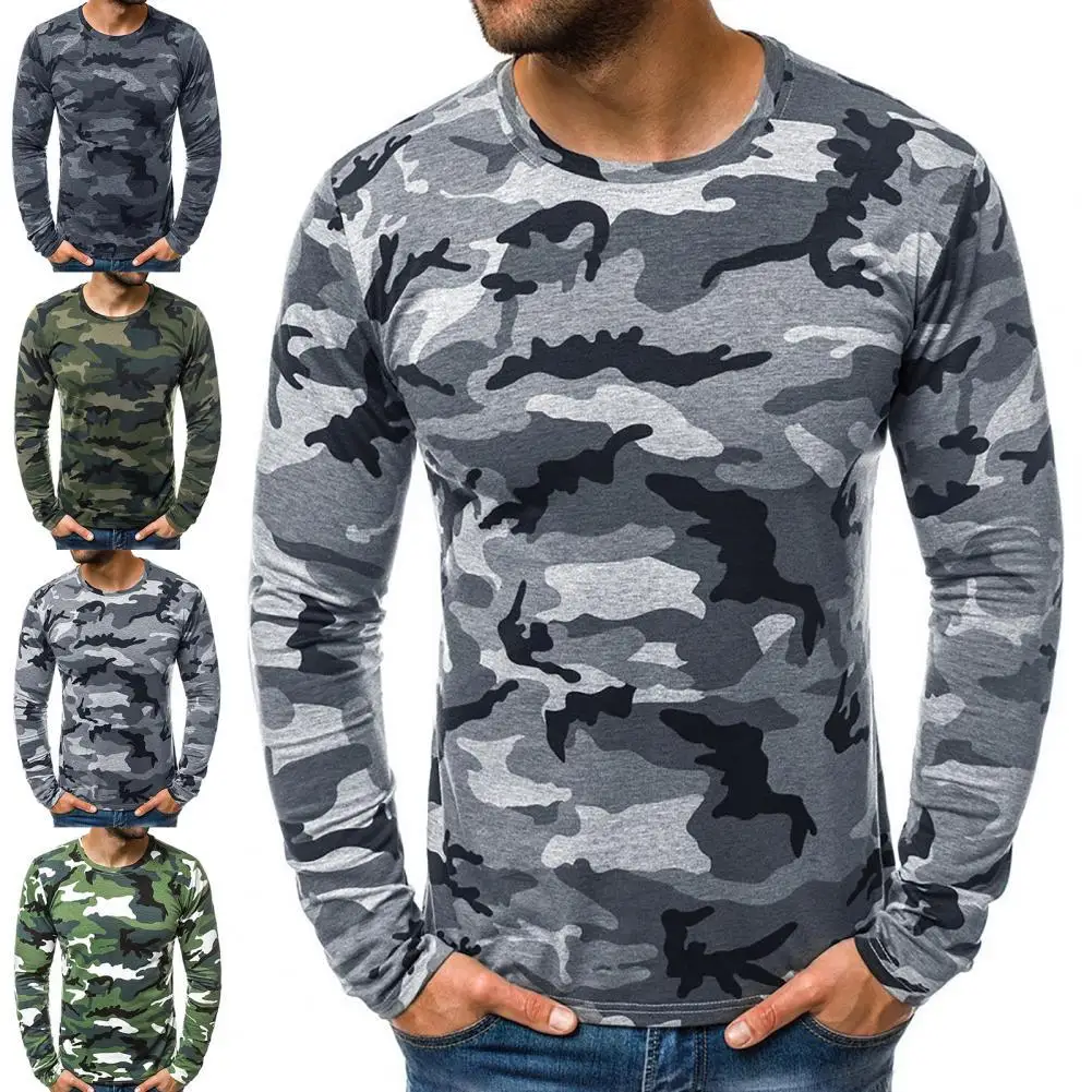 

Stylish Camouflage Men Top Soft Quick Dry Skin-friendly Spring Autumn Top Simple Long Sleeve O Neck Men Shirt for Daily Wear