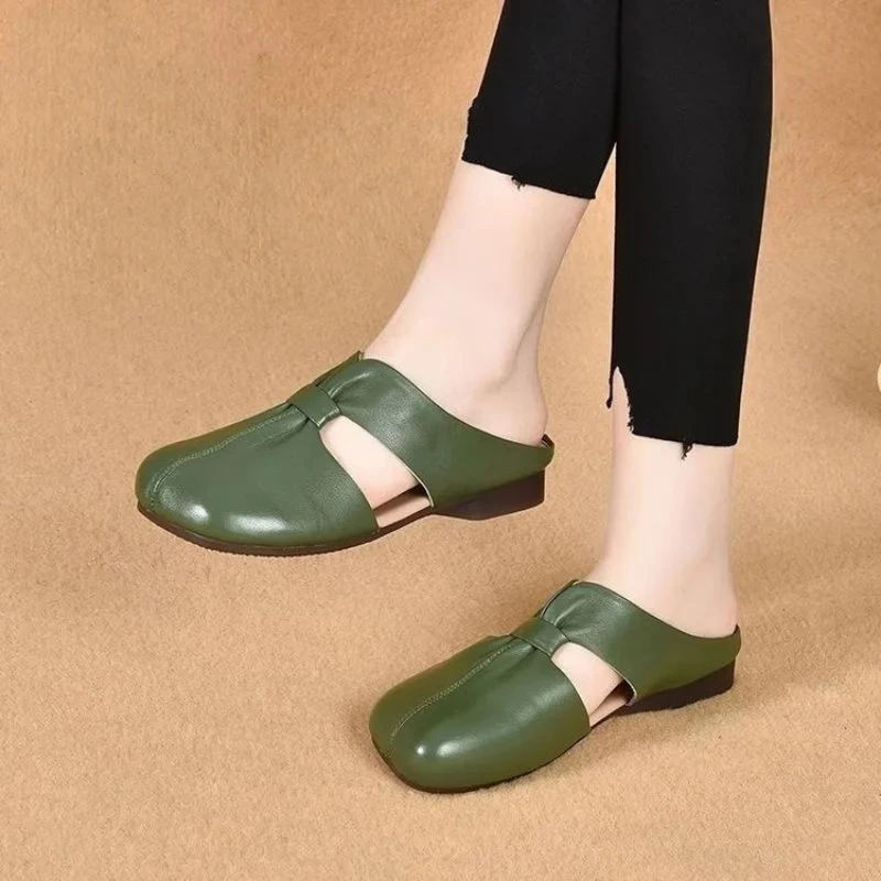 

Women Shoe Baotou Flat Bottom Slippers Women's Outfit 2023 New Openwork Square Toe Back Empty Bow Women's Sandals Zapatos Mujer