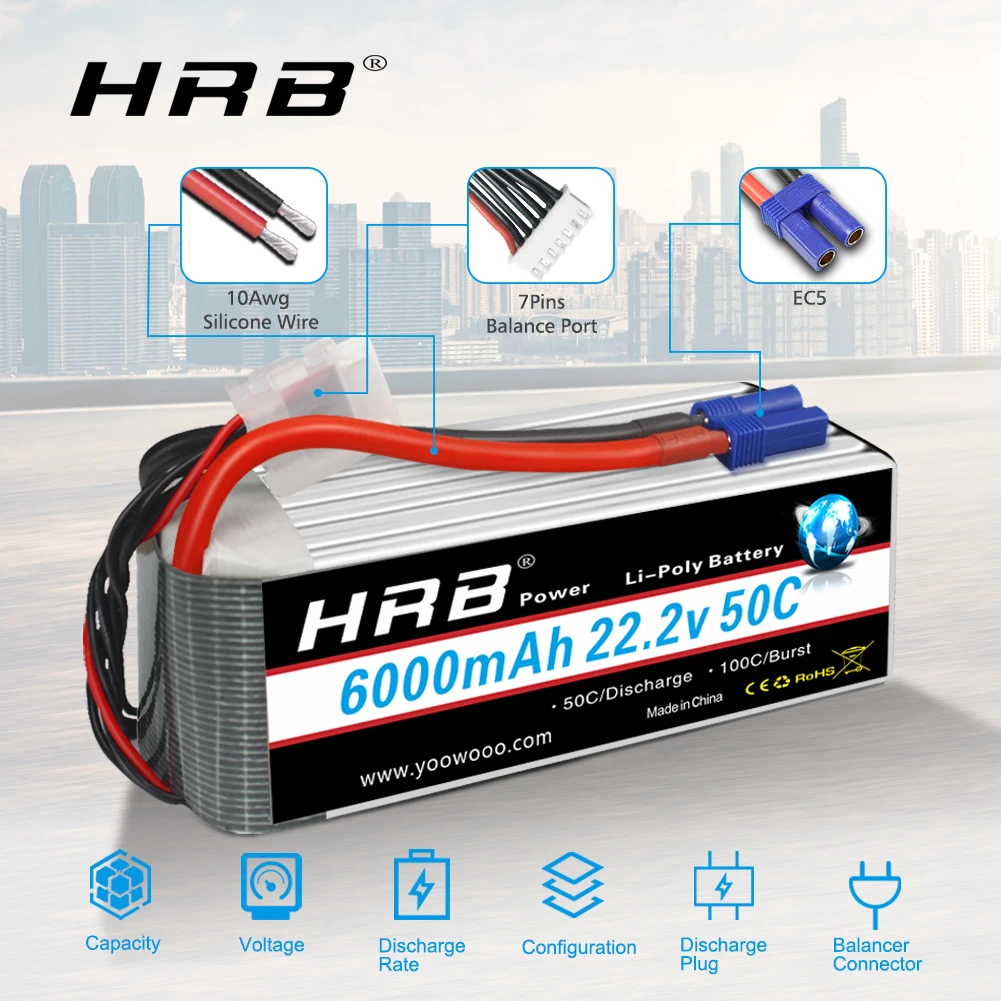 2 шт. HRB 6S Lipo батарея 22 в 6000 мА/ч для дрона 50C с разъемом XT90 EC5 XT60 700 800 вертолета