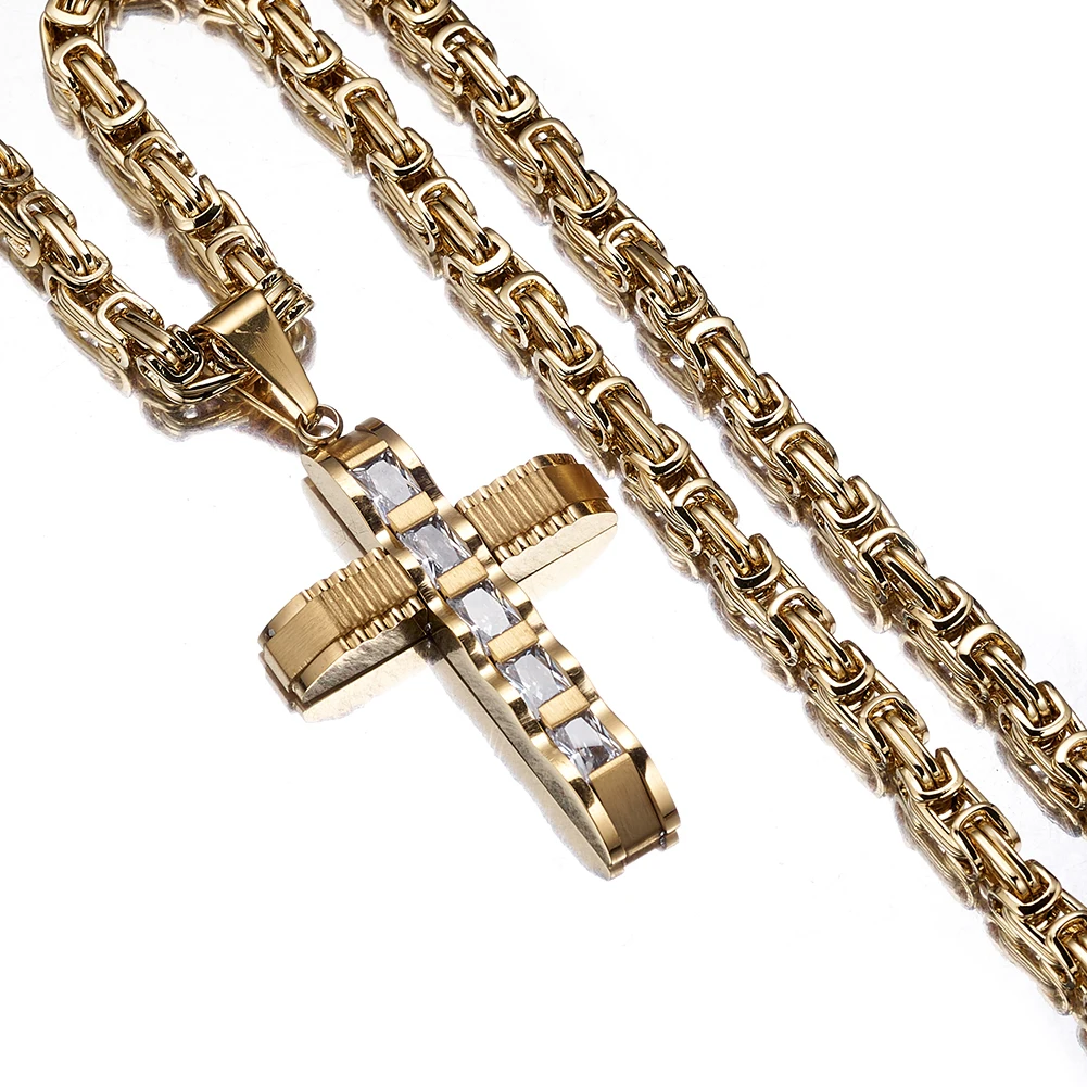 

Wholesale Gold Color CZ Crucifix Cross Pendant Necklace 5mm Stainless Steel Byzantine Chain Jewelry for Men Women