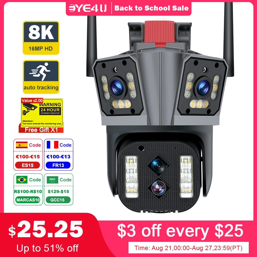 

Камера Наружного видеонаблюдения, камера безопасности с тремя и четырьмя объективами, 16 МП, 8 к, Wi-Fi, PTZ, 10-кратное увеличение, автоматическое отслеживание