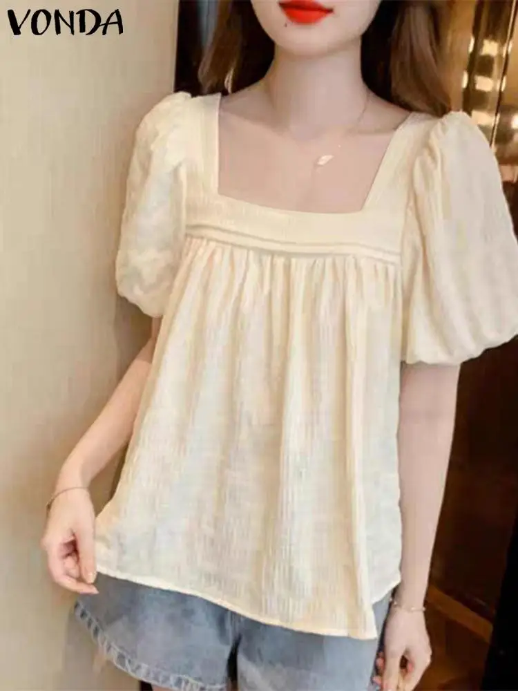 

Элегантная офисная блузка 2023, летние рубашки с коротким рукавом, модная женская туника, пикантные однотонные топы с круглым вырезом, повседневная блузка с пышными рукавами, мешковатая