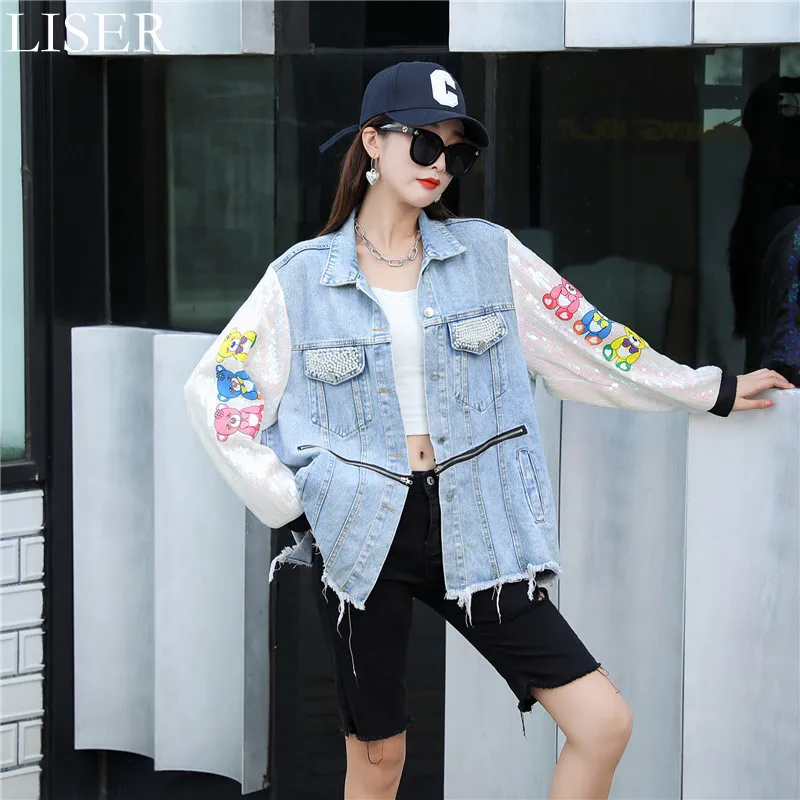 

Fashion Stitching Sequins Beaded Denim Jacket Women'S 2022 Spring New Loose Personality Long-Sleeved Blue Denim Jacket LL956