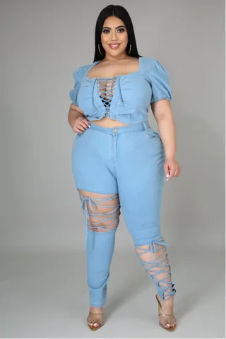 2023 летний сексуальный женский комплект с коротким рукавом без воротника и брюками с высокой талией синего цвета